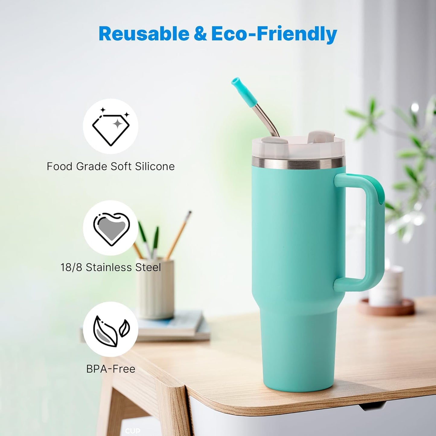 2 Pcs Stainless Steel Straw with Silicone Tips for 40 oz Stanley Tumbler, Repeatable 40 oz Metal Straws for Stanley Adventure Quencher Travel Tumbler Cup, BPA Free（Light Green）