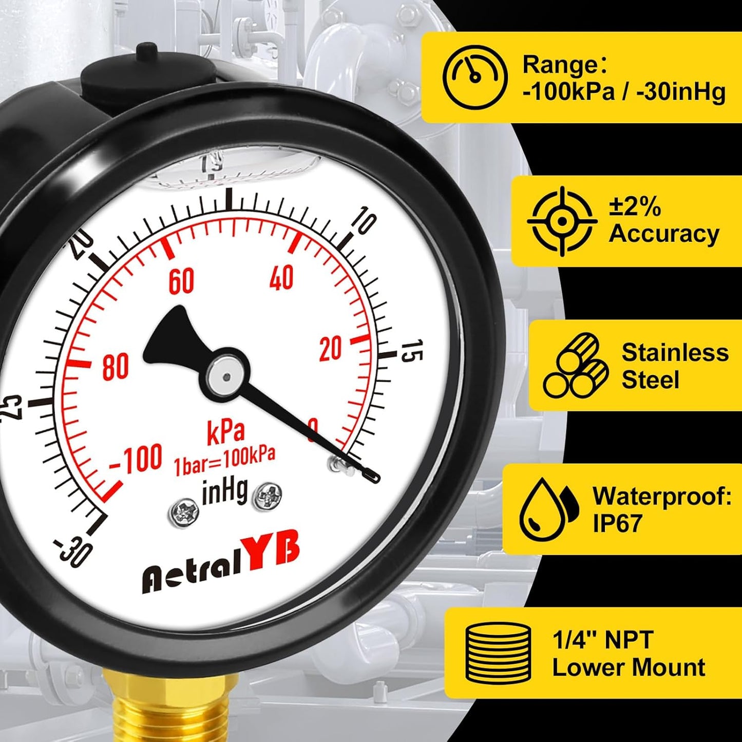 2.5 Inch Vacuum Gauge -30 inHg -100Kpa,304 Stainless Steel Case, Liquid Filled Vacuum Gauge, 2.5" Dial, 1/4" NPT Lower Mount, Vacuum Pressure Gauge for HVAC, Vacuum Pump,Vacuum Pressure Test