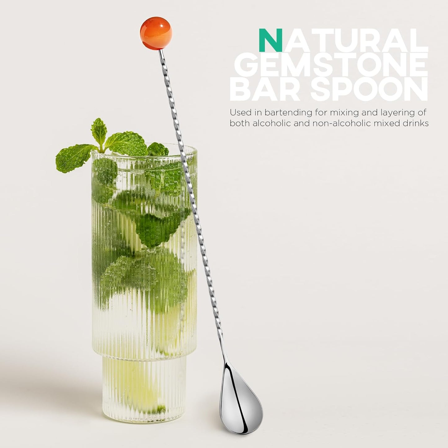 Homestia 12-Inch Natural Gemstone Bar Spoon, 304 Stainless Steel Cocktail Spoon for Layering Long Spiral Handle Mixing Spoon Stirrers for Drink (Orange)