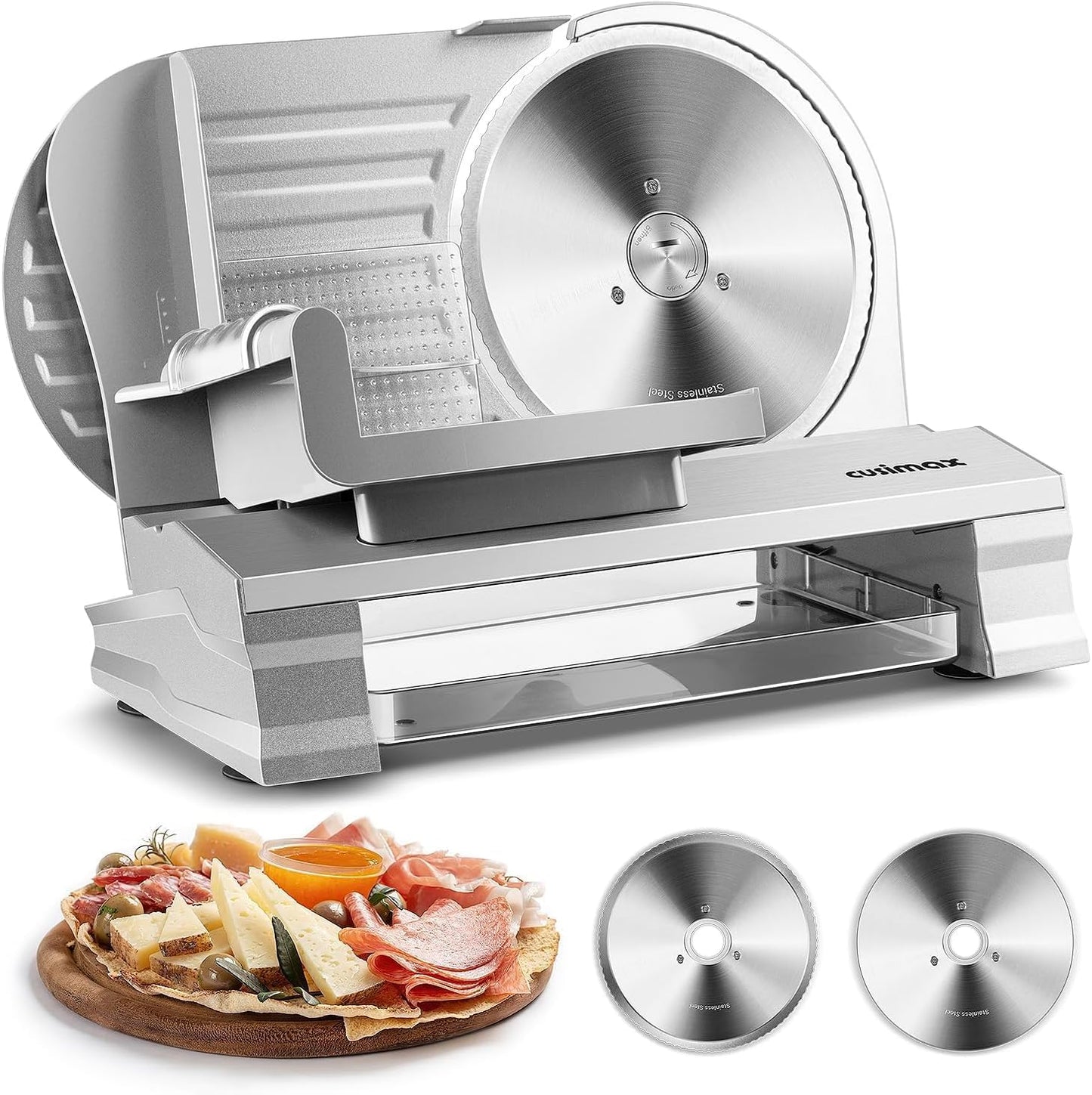 CUSIMAX Meat Slicer for Home with 1-20mm Adjustable Thickness，Electric Deli Slicer for Food Tray,Two 9" Stainless Steel Blades and Removable Food Carriage,Easy for Cut all Foods
