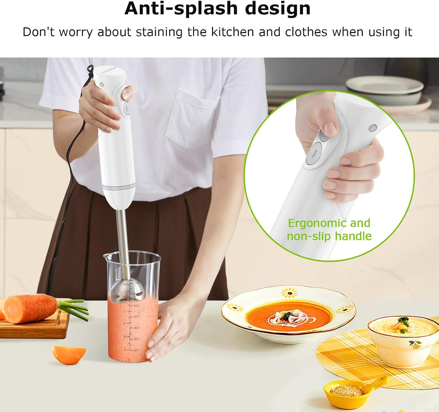 Bonsenkitchen Hand Blender, Immersion Blender with 2 Mixing Speed, 2-In-1 Hand Held Stick Mixer with Beaker for Soups, Smoothies, Sauce, White