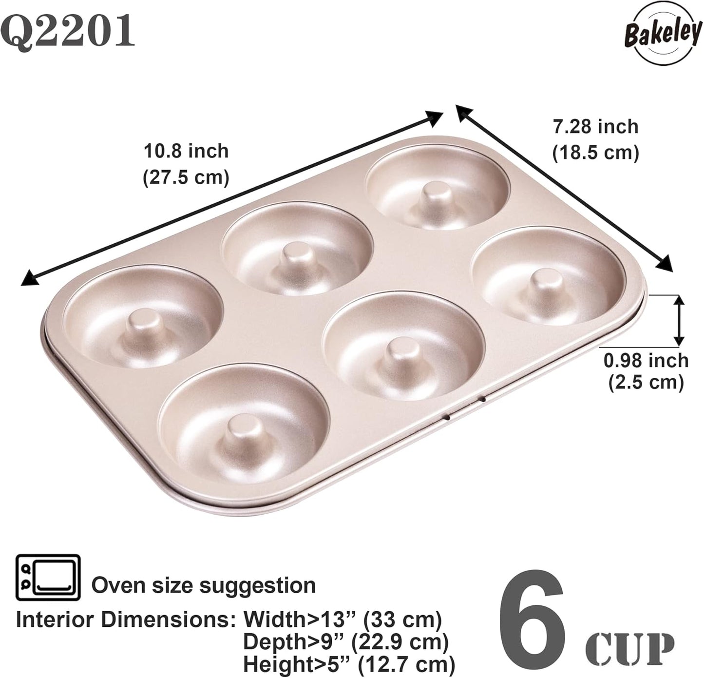 Donut Pan Cake Mold, 6-Cavity Non-Stick Ring Doughnut Bakeware for Oven Baking (Champagne Gold)