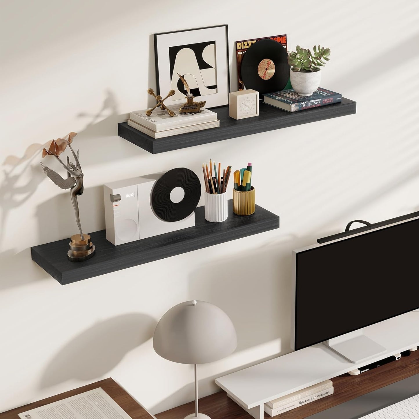 Fun Memories Rustic Floating Shelves for Home Decor, 8 Inch Deep Floating Shelf, Solid Wood Floating Wall Shelves 30 Inch Long, Deep Wall Shelves for Bathroom, Living Room, Black Finsh, Set of 2