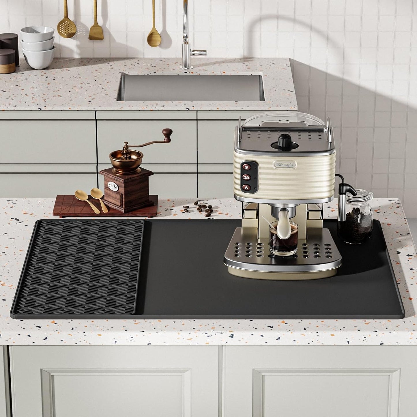 Silicone Coffee mat 24''x16'' – Non-Slip Bar Mat with Detachable Drying Layer for Espresso Machines, Countertops & Dish Racks