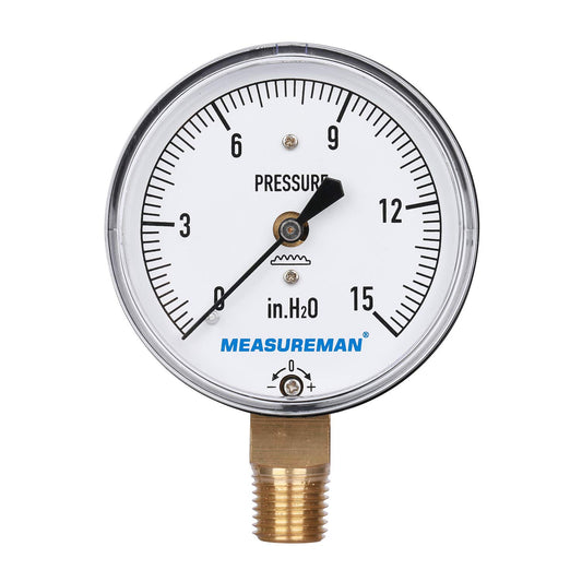 MEASUREMAN Diaphragm Type Capsule Low Pressure Gauge, 2-1/2" Dial, 1/4" NPT Lower Mount, Adjustable, 0-15 in H2O(Inches of Water)