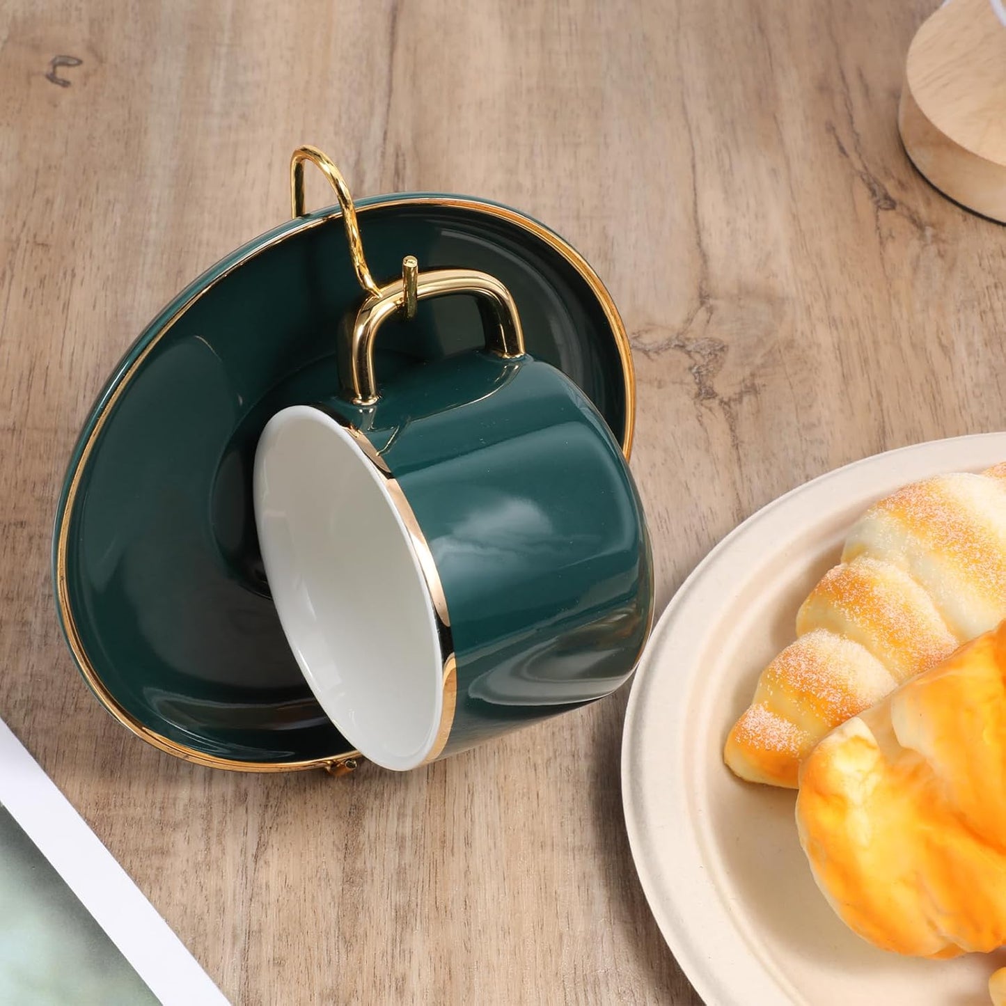 Vin Beauty 8Pcs Teacup Holder Display Stand Tea Cup and Saucer Display Stand Holder Metal China Coffee Mug Cup Storage Organizer 6.22 X 2.44 Inches Gold Metal Teacup Hanger Tray Rack for Plate Teapot