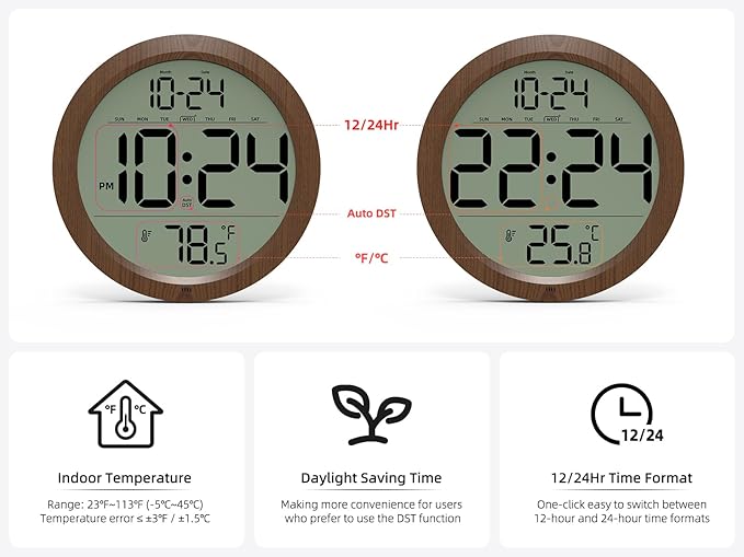 Digital Wall Clock with Date, Indoor Temperature, Battery-Operated Digital Clock - Image 5
