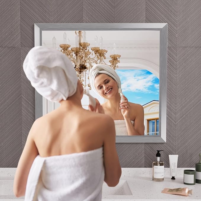 Amorho 40x36 Inch Bathroom Mirror Silver, Thick Metal Framed Wall Mirrors - Image 6