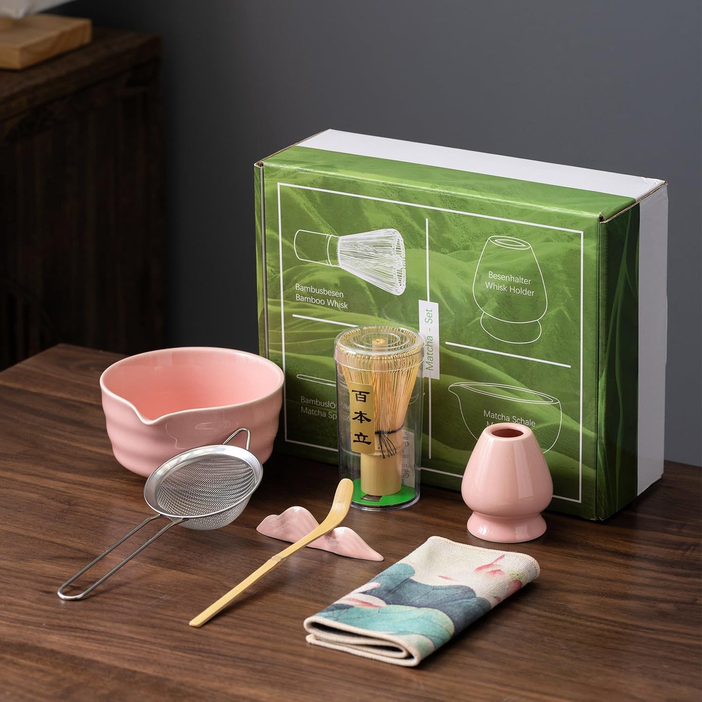 Matcha Set, Matcha Whisk Set Includes Matcha Bowl with Spout, Bamboo Whisk, Matcha Whisk Holder, Sifter, Scoop, Spoon Holder, Tea Towel- 7pcs Perfect Matcha Kit for Matcha Tea Ceremony (Pink)