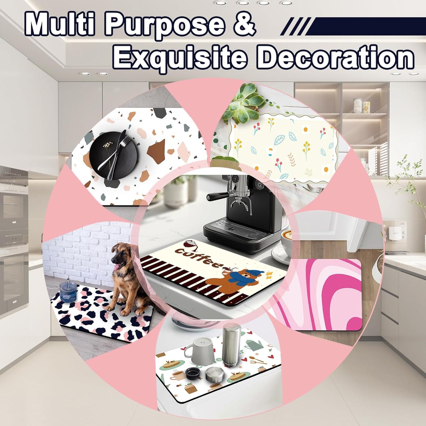 Dish Drying Mat 16" X 24", Super Absorbent & Cuttable Coffee Mats for Countertop, Kitchen Counter Mat Fits Under Coffee Maker or Machine, Hide Stain Drying Pad for Dish Drying Rack, Pink Leopard