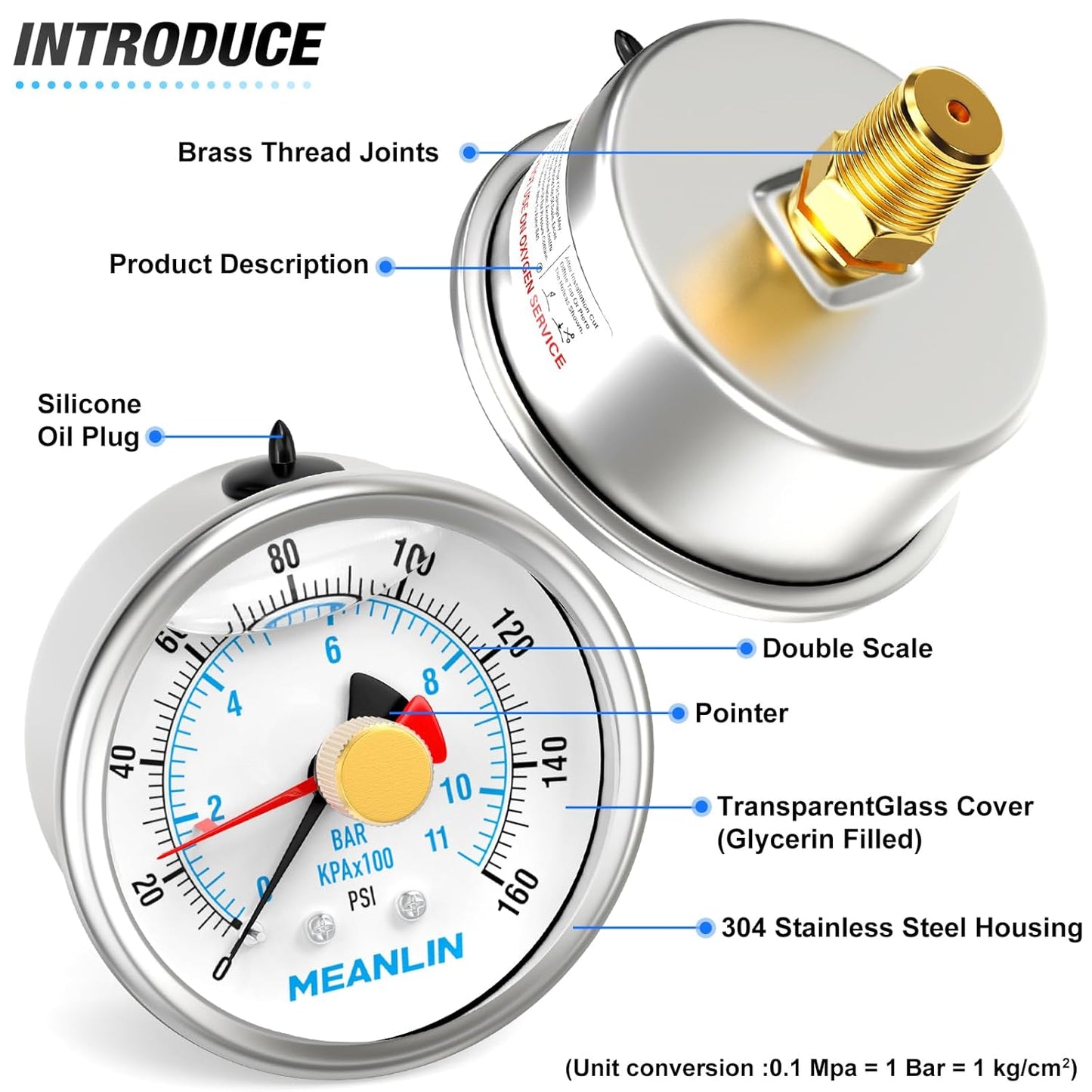 MEANLIN MEASURE 0~160Psi Stainless Steel 1/4" NPT 2.5" FACE DIAL with Reset Pointer Liquid Filled Pressure Gauge WOG Water Oil Air, Back Mount, with Brass Hex Bushing