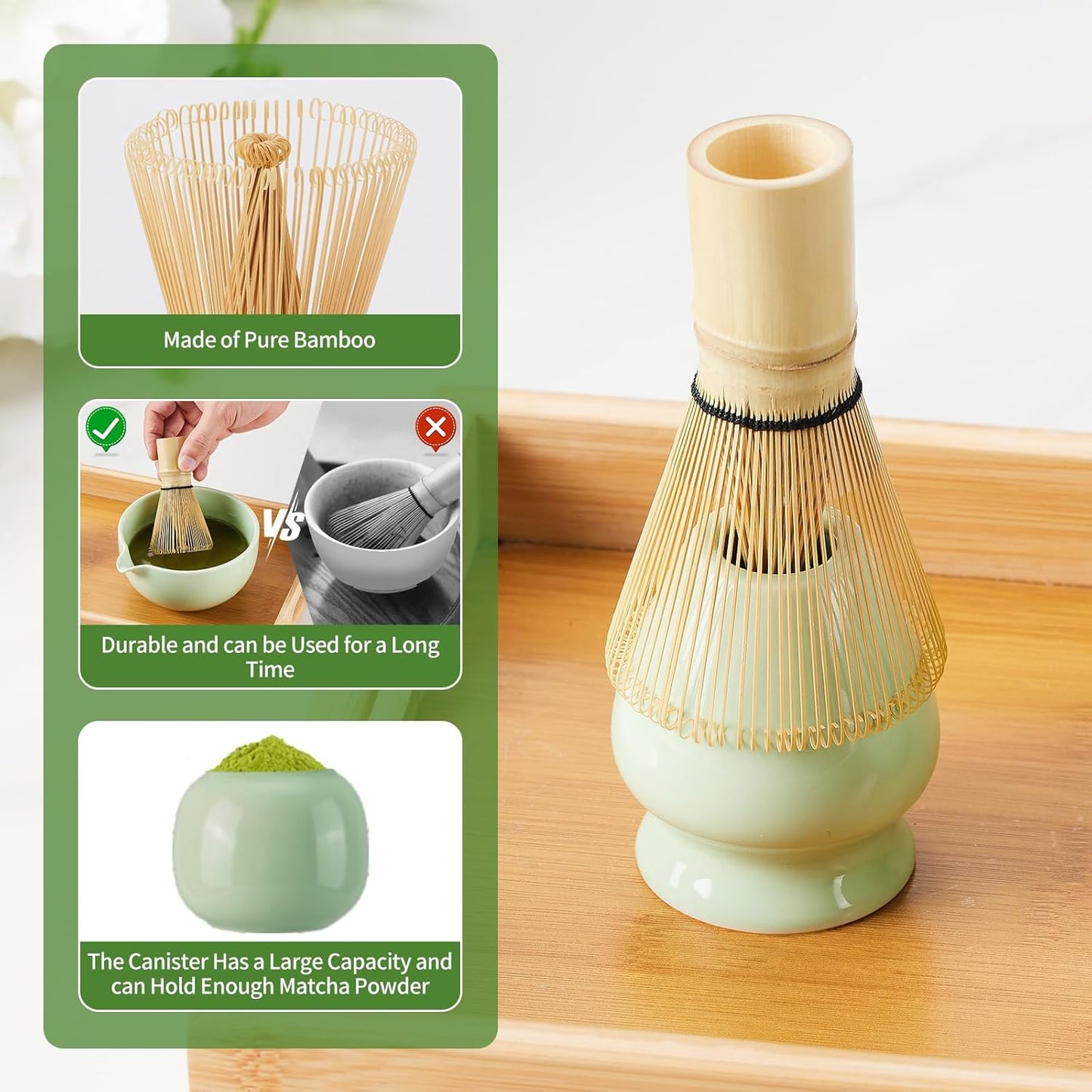 Matcha Whisk Set,9 Pcs Japanese Matcha Set Pink, Matcha Kit with Sifter, Matcha Tea Cloth, Matcha Powder Canister, Electric Rechargeable Frother(Green)