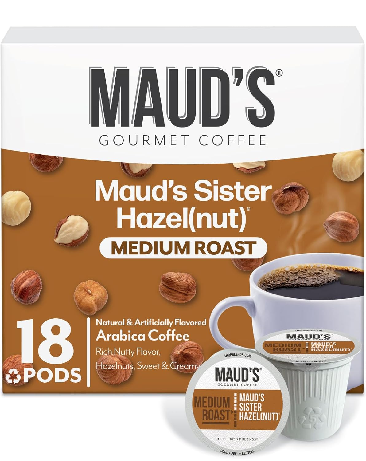 Maud's Sweet Hazelnut Flavored Coffee Pods, 18 ct, Medium Roast Flavored Coffee in Recyclable Single Serve Pods – 100% Arabica Beans, Compatible with Keurig K Cups Maker