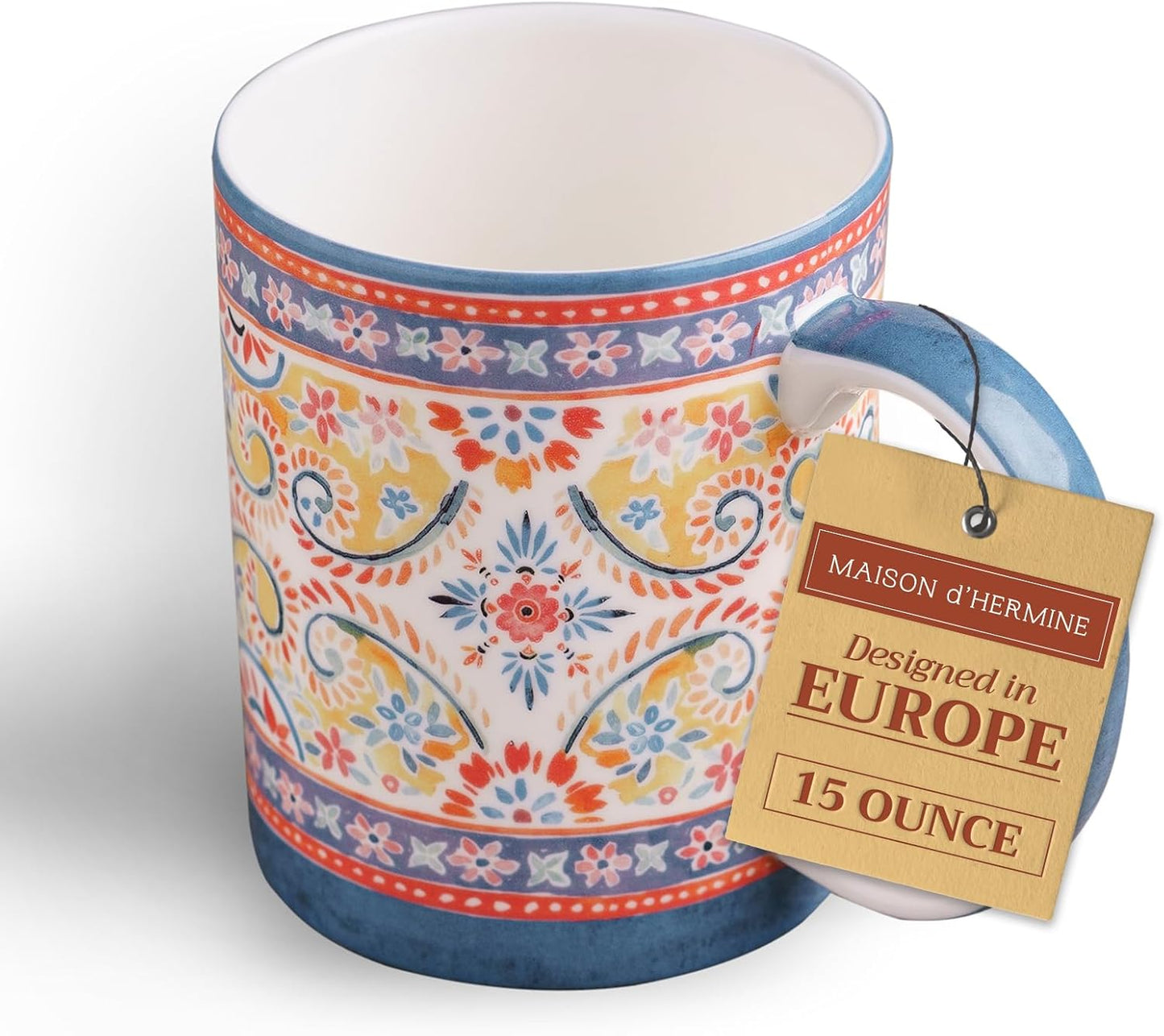 Maison d' Hermine Coffee Mug with Handles Fine Bone China Mugs Pack of One Tea Cups for Hot Beverages Cappuccino Latte Home Restaurant Office Perfect for Gift (Indian Floral - Butta, 12 Ounce)