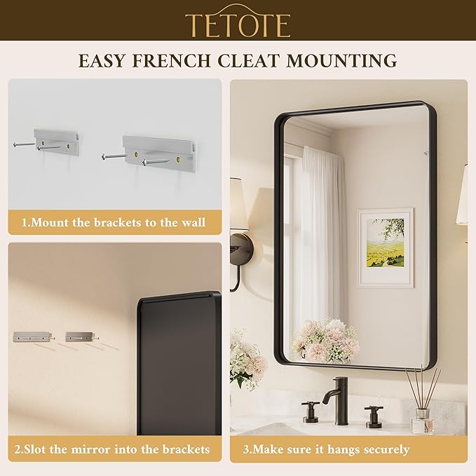 TETOTE 55 x 30 Inch Bathroom Mirror, Matte Black Modern Metal Frame Rectangle - Image 7