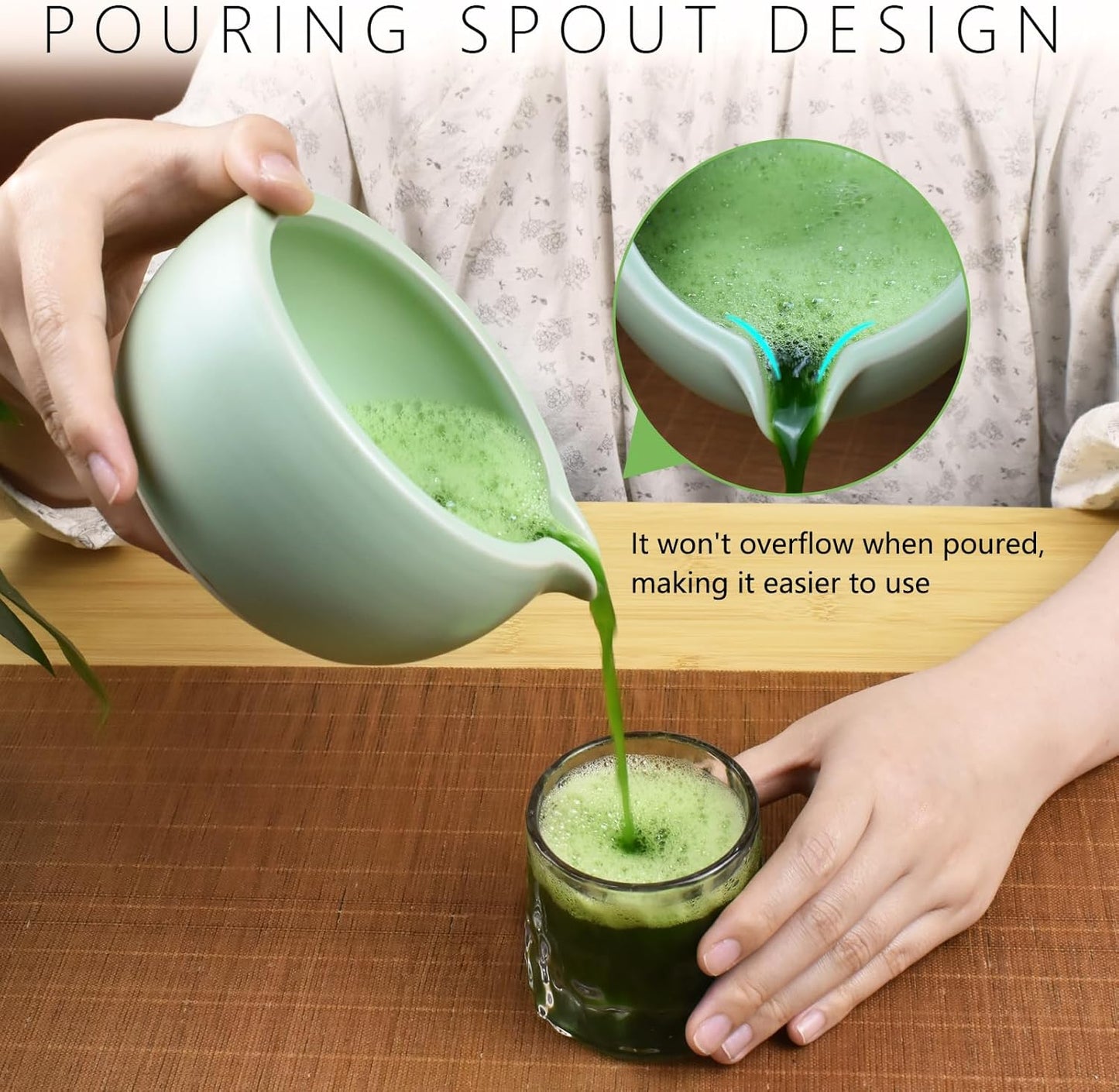 Artcome 4 Pcs Complete Matcha Ceremony Kit - Japanese Bowl With Pouring Spout, Whisk, Holder, Scoop - Tea Set for Making Usucha, Koicha and Latte (Green)