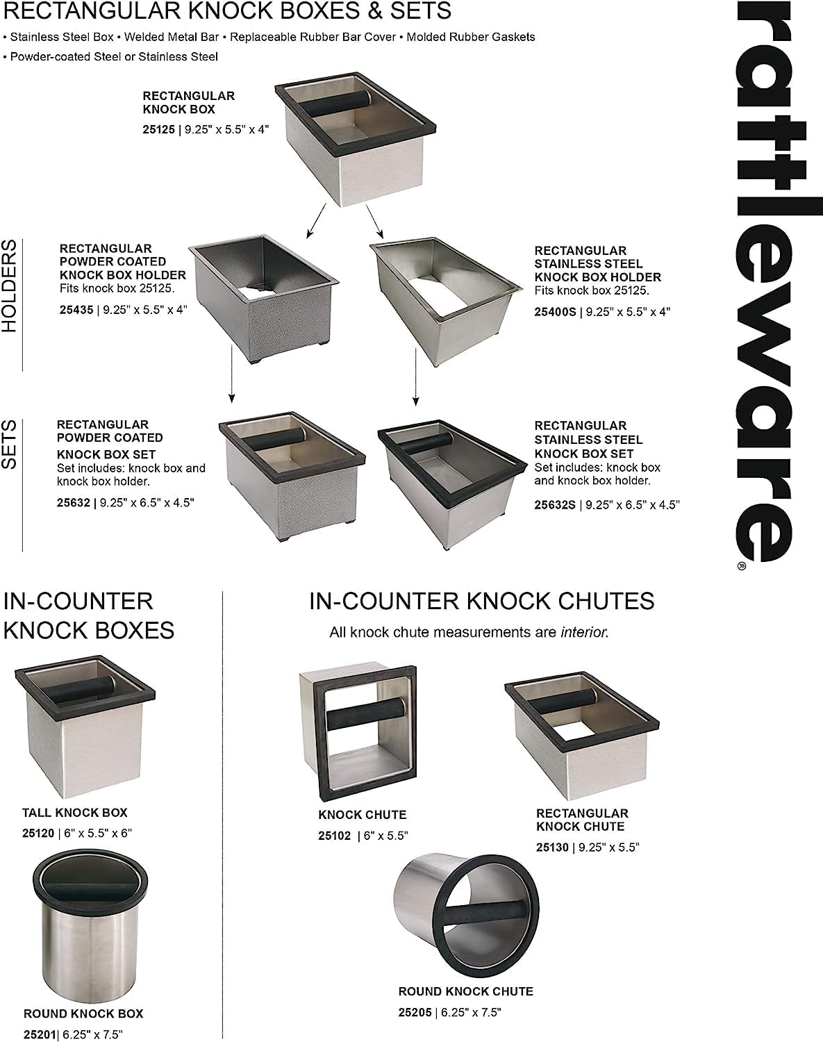 Rattleware Stainless Steel Open Bottom Knock Box Chute - Heavy Duty Espresso Grounds Disposal Tool with Welded Rubber Bar Fits Coffee Stations, Cafe, Restaurant, Hotel, Barista Home (6 x 5.5 x 4)