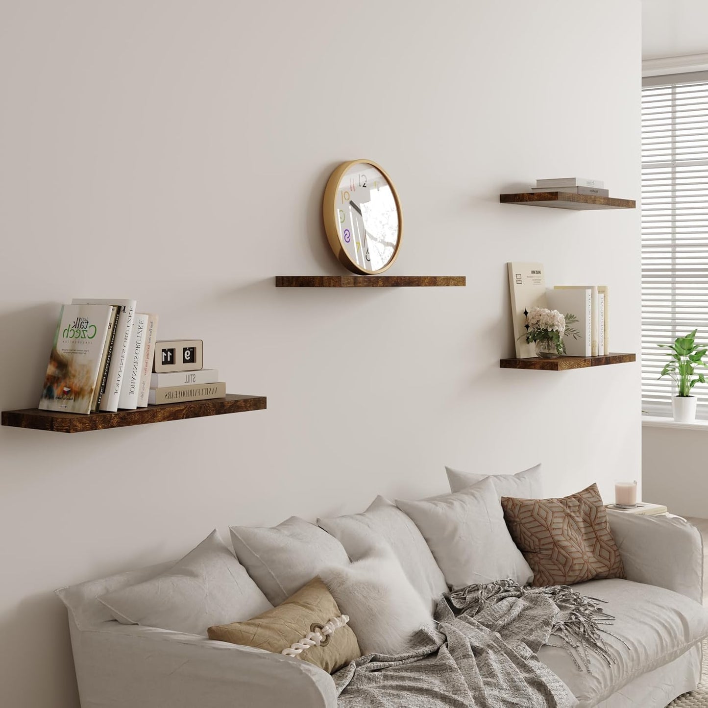 Wall Shelf Set of 1, Rustic Brown Floating Shelves 30 in W x 10 in D x 1 in H, Wooden Floating Wall Shelf with Invisible Brackets for Living Room/Bedroom/Bathroom/Kitchen Storage and Decor