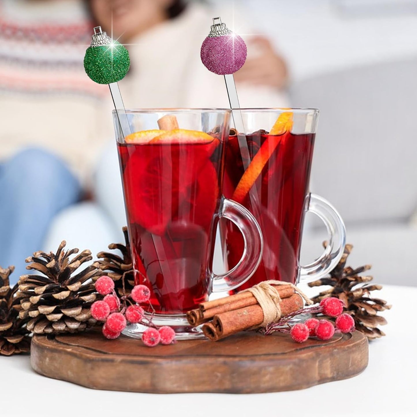 Iceyyyy 36 Pcs Christmas Glitter Ball Drink Stirrers-Reusable Round Top Christmas Stir Sticks-Colorful Swizzle Sticks for Home Holiday Cocktails Party Coffee Bar Juices Shop