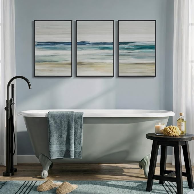 Framed Abstract Coastal Wall Art Bedroom, 3 Piece Blue Beach Landscape Canvas - Image 8
