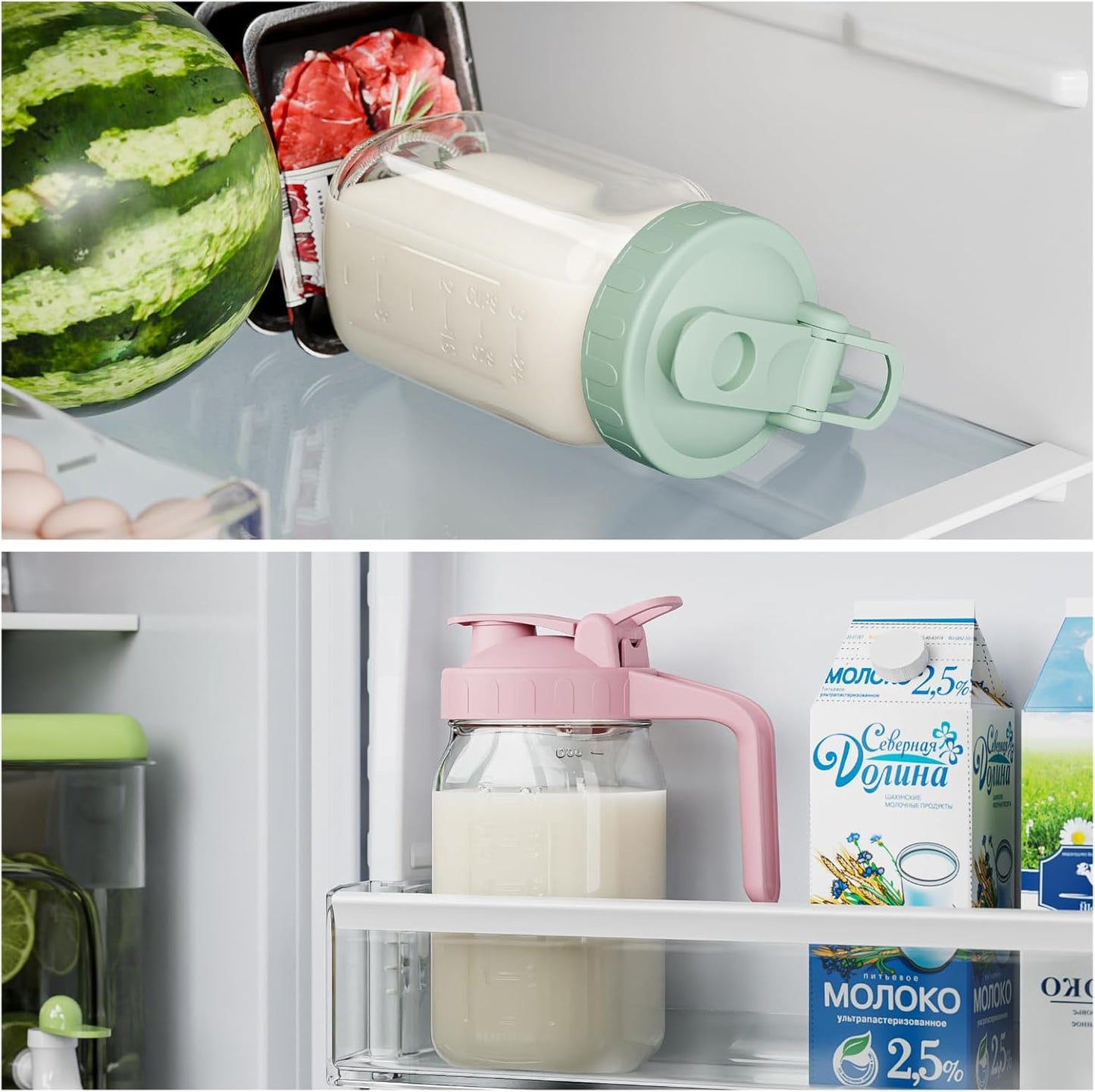 Breast Milk Pitcher Jug - 32 oz Glass Mason Jar Airtight Pitcher with Pour Spout Handle for Breastmilk, Iced Tea, Ice Drinks Storage Container（Green）