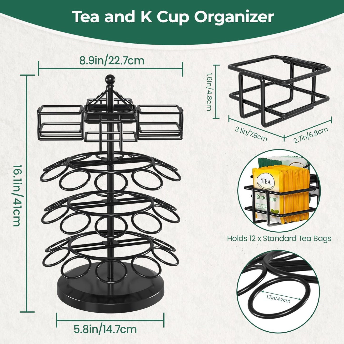 EsLuker.ly K Cup Holder Coffee Pod Organizer Carousel for Countertop, Rotatable Metal 4-Tier Storage Rack Stand for 30 K Cups & Tea Bags, Convenience Meets Elegance