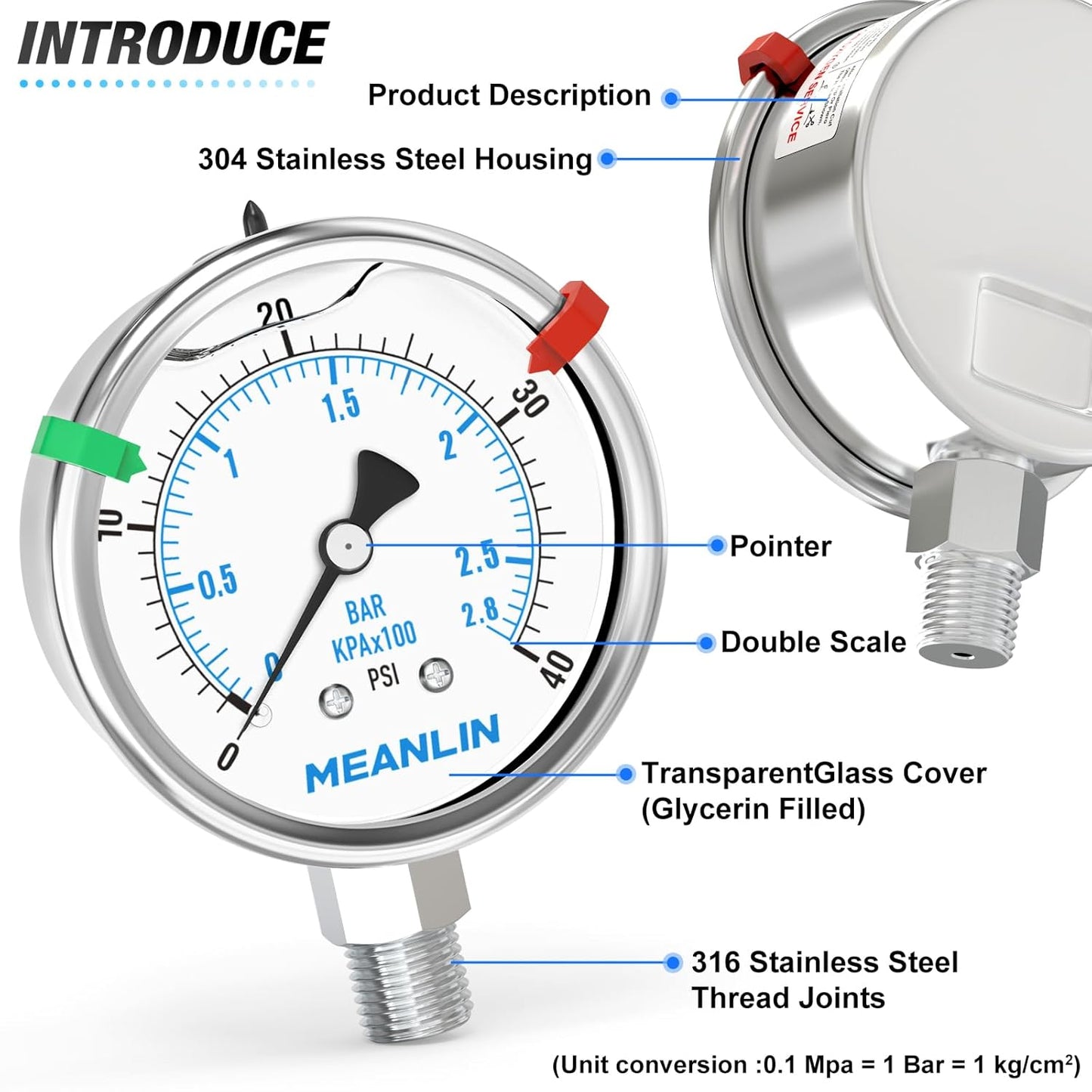MEANLIN MEASURE 0~40Psi Stainless Steel Liquid Filled Pressure Gauge 2.5" FACE DIAL 1/4" NPT for Pool Sand Filter Water Oil Air Pressure Test Lower Mount with Stainless Steel Hex Bushing and Snaps
