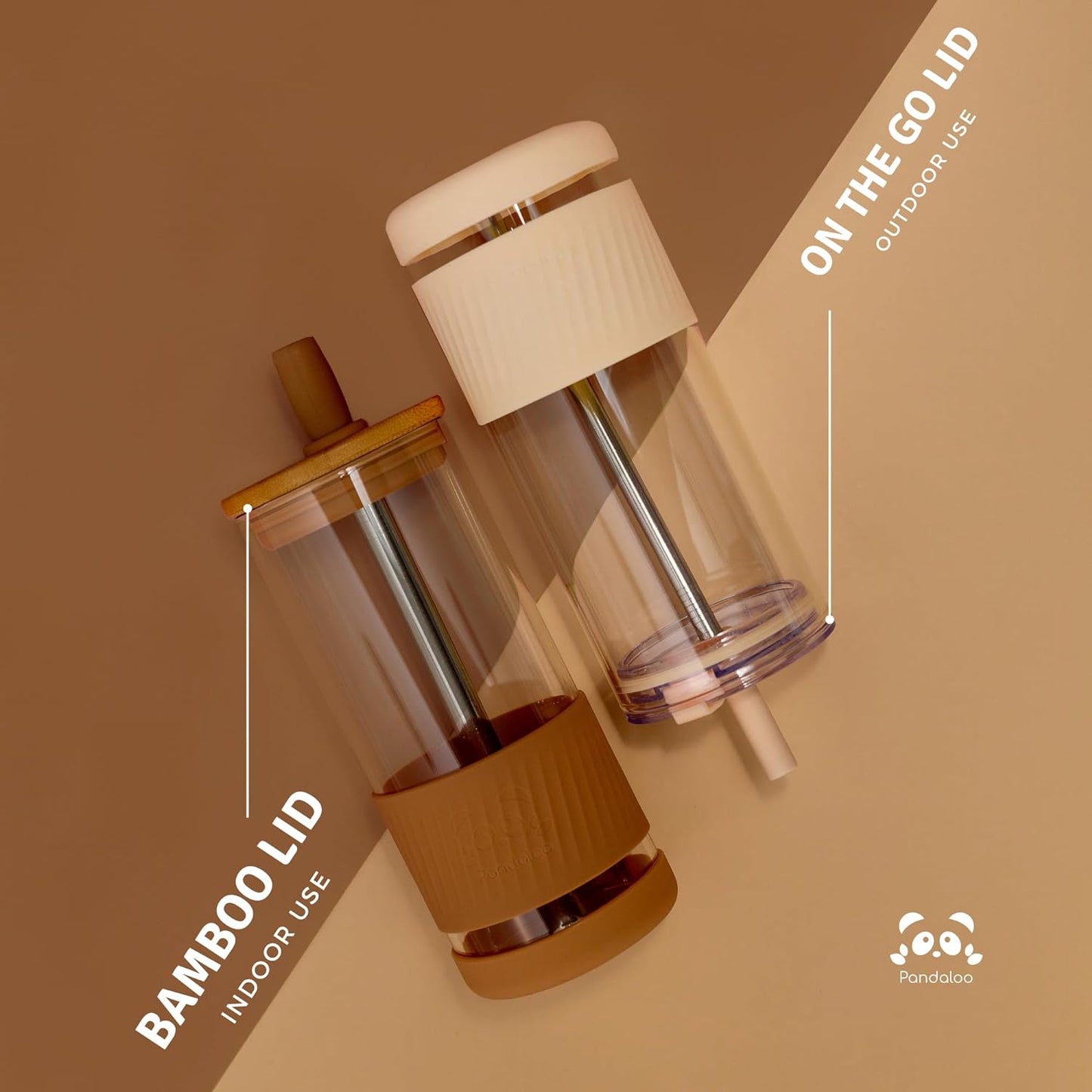 Pandaloo® Glass Cups With Lids and Straws -20 Fl Oz- Perfect Size Iced Coffee Cup - Smoothie Cup With Bamboo Lid and On the go Lid - Glass Tumbler With Straw (1 Count (Pack of 1), Autumn Gold)