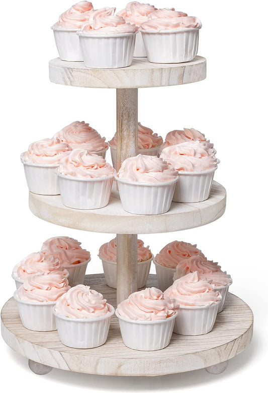 3 Tier Cupcake Stand Round,Wood Cake Stand with Tiered Tray Decor,Rustic Cake Stand for 24 Cupcakes,Cupcake Display for Home Tea Party, Birthday, Wedding, Farmhouse Decor