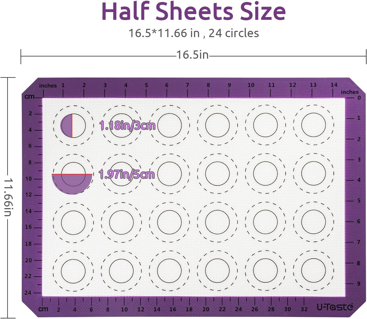 U-Taste 446ºF Heat Resistant Macaron Silicone Baking Mat, Non Stick Reusable Cookies Pastry Sheet Liner with Edge Enhancement Circle Measurement for Oven (Half Sheets Size, Pack of 2, Purple)