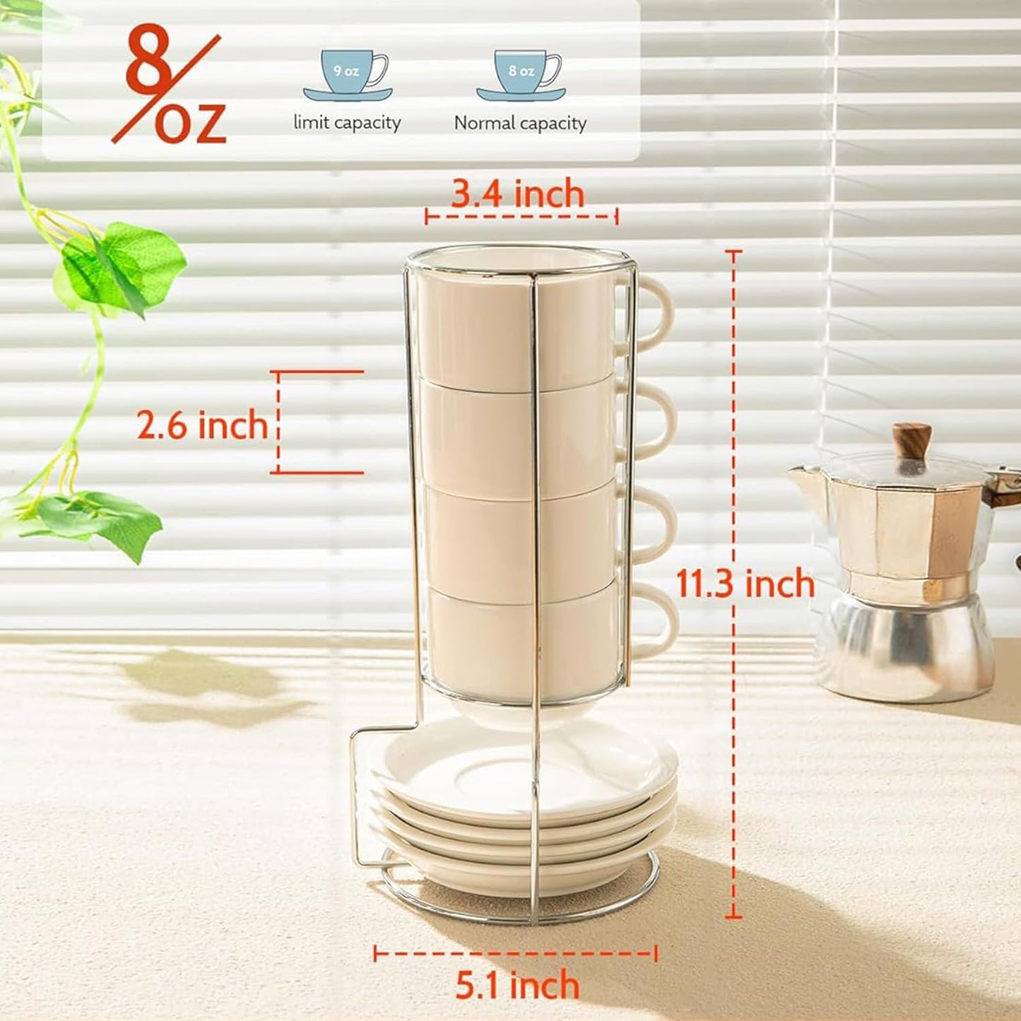 Sweese 8 Ounce Porcelain Stackable Cappuccino Cups with Saucers and Metal Stand - for Specialty Coffee Drinks, Cappuccino, Latte, Americano and Tea - Set of 4, White