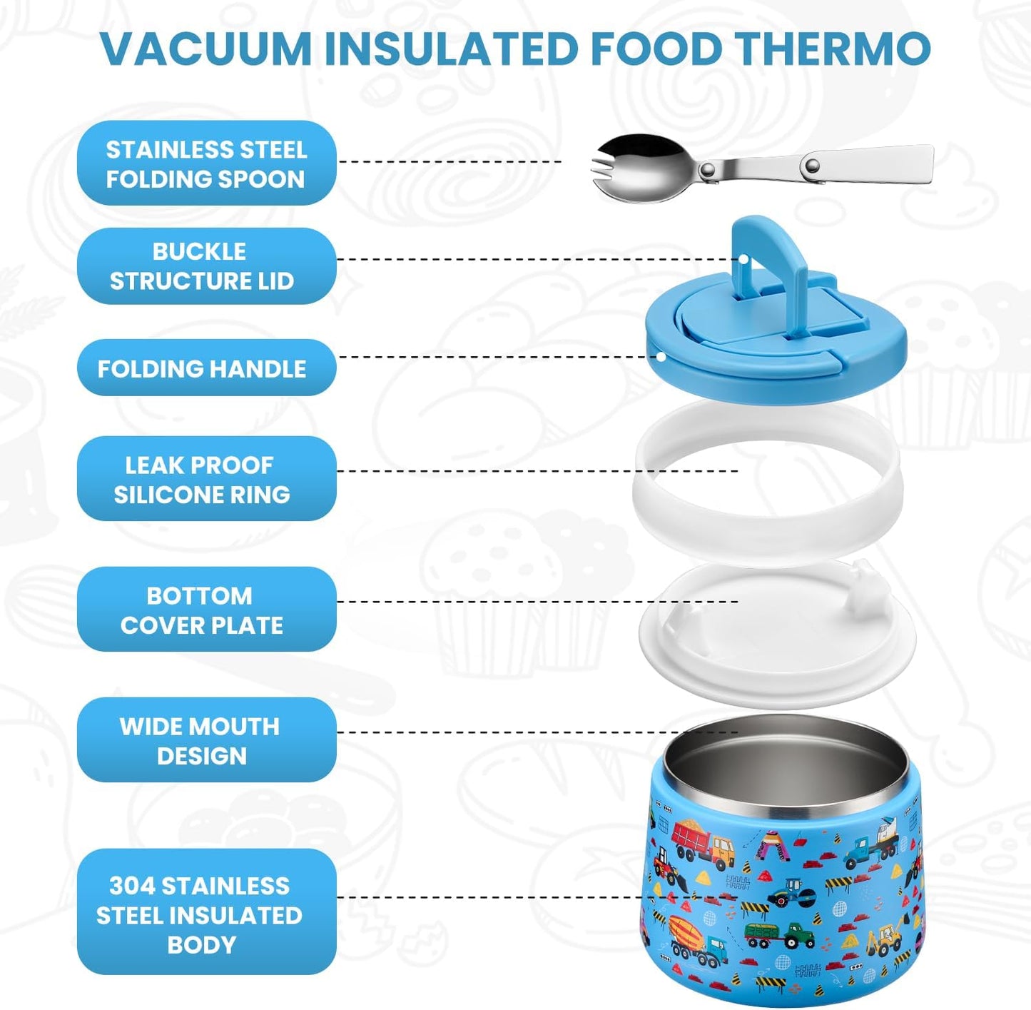 Soup Thermo for Hot Food Kids 14oz Lunch Containers with Buckle Lid Wide Mouth Hot Food Jar Vacuum Insulated Stainless Steel Bento Box Leakproof with Spoon (Truck)