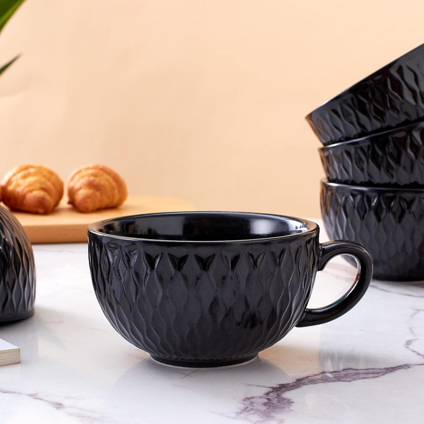 Set of 6 Cups Vintage Design 12 oz Professional Barista Ceramic Latte Art Cappuccino Cups Set (Embossed Black * 6)