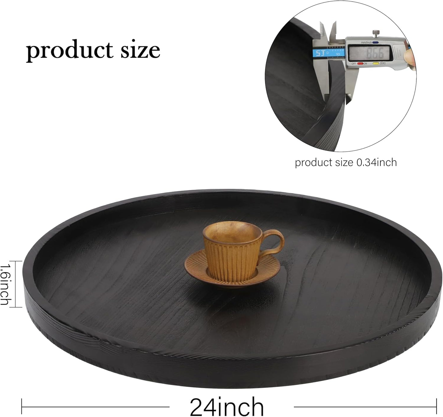 Round Ottoman Table Tray Round-24 - Rustic Wooden Serving Tray for Farmhouse Decorative Oversized Coffee Table Trays Living Room Kitchen Counter Breakfast Black