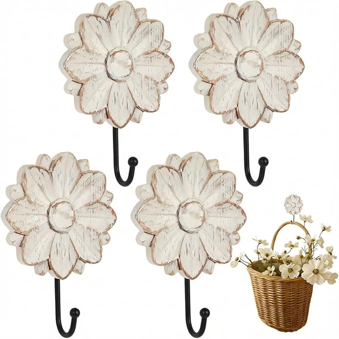 Weysat 4 Pcs Vintage Hooks for Wall Wood Farmhouse Towel Hooks Shabby Chic Wall by Weysat