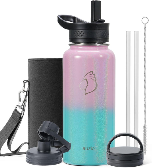 BUZIO 32 oz Water Bottle Insulated with Straw & 3 lid and Carrying Pouch, Leak Proof Anti-Slip Stainless Steel Water Flask Jug, Cold for 48 Hrs Double Vacuum Thermo Canteen, Pearlescent Pink Blue