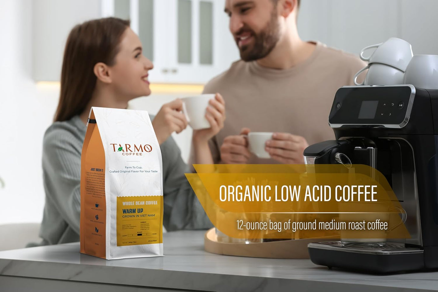 TARMO - WARM UP | Low Acid 100% ROBUSTA Whole Bean Coffee | Specialty Vietnamese Coffee | Single Origin Medium Roast Coffee Beans | 12 Oz Bag