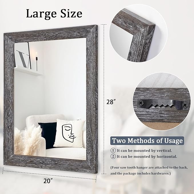 AAZZKANG Wall Mirror with Rectangle Wood Frame Large 28"x20" Rustic Decorative - Image 2