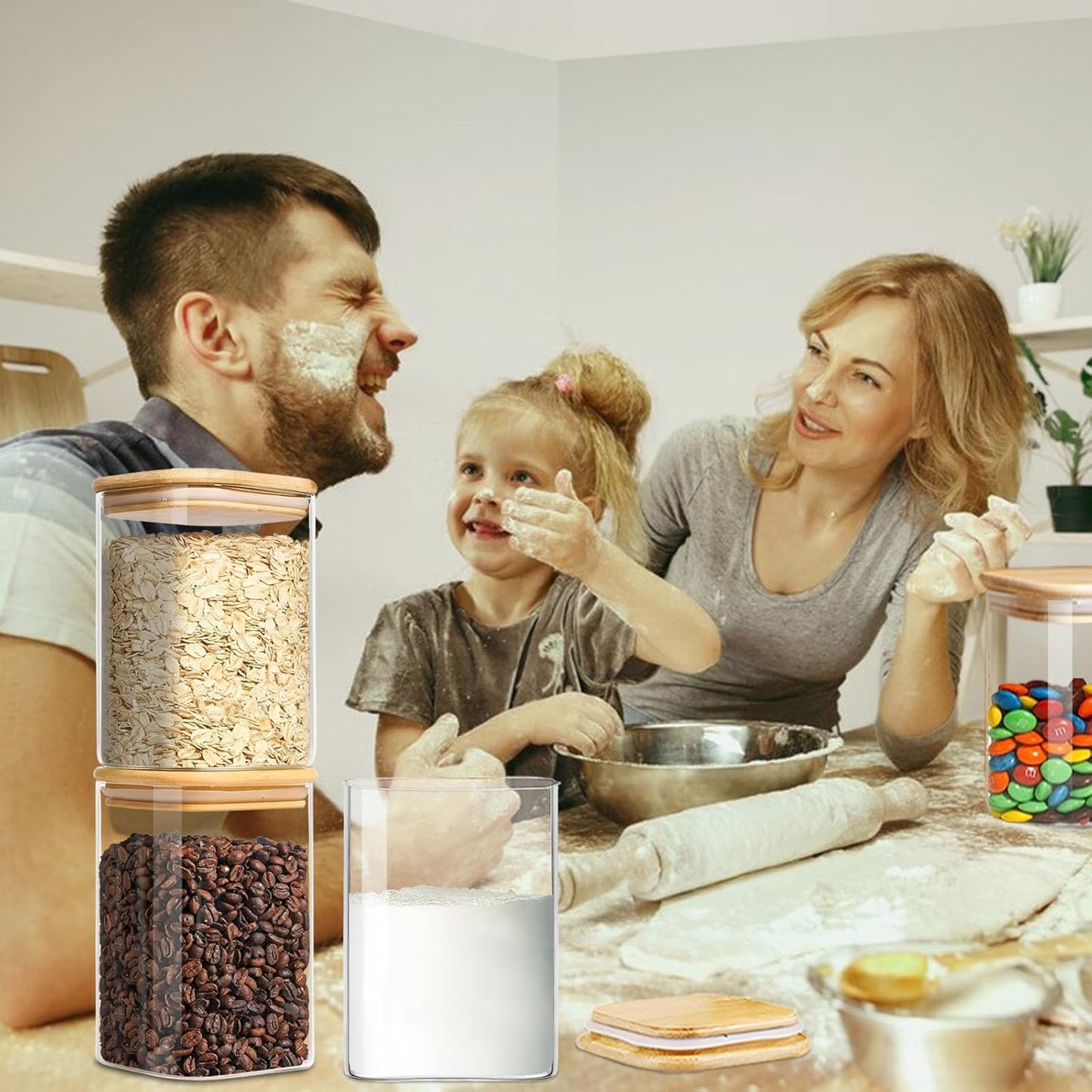 Square Glass Jars Canister with Wood Lid 37 FL OZ [Set of 4], Container Jar with Sealing, Lids for Oat Pasta Flour Cereal Rice Sugar Tea Coffee Beans, Best for Kitchen & Pantry