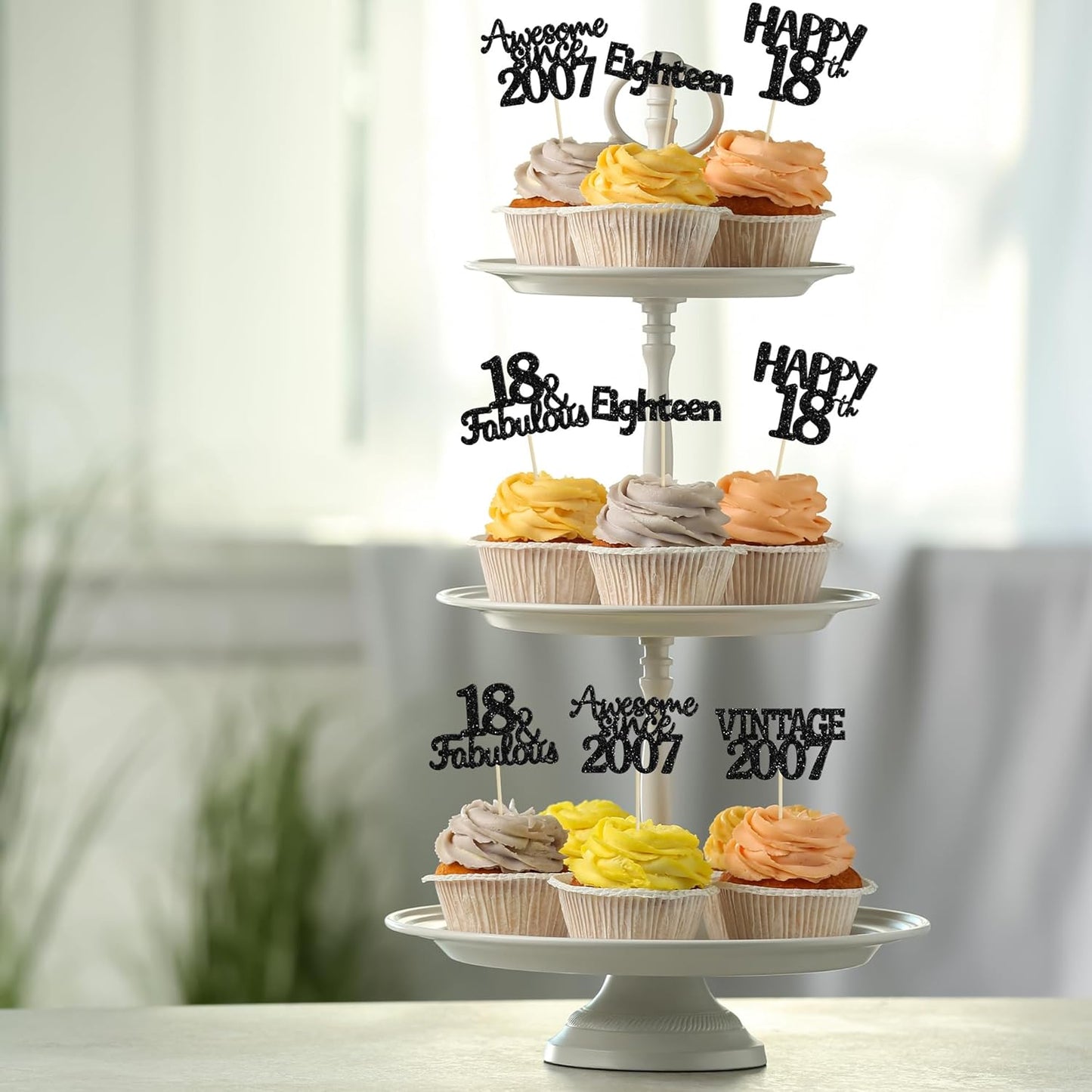 Gyufise 30Pcs Vintage 2007 Cupcake Toppers Glitter Eighteen Happy 18th Cupcake Picks Happy 18th Birthday Cake Decorations for Happy 18th Birthday Fabulous Anniversary Party Supplies Black