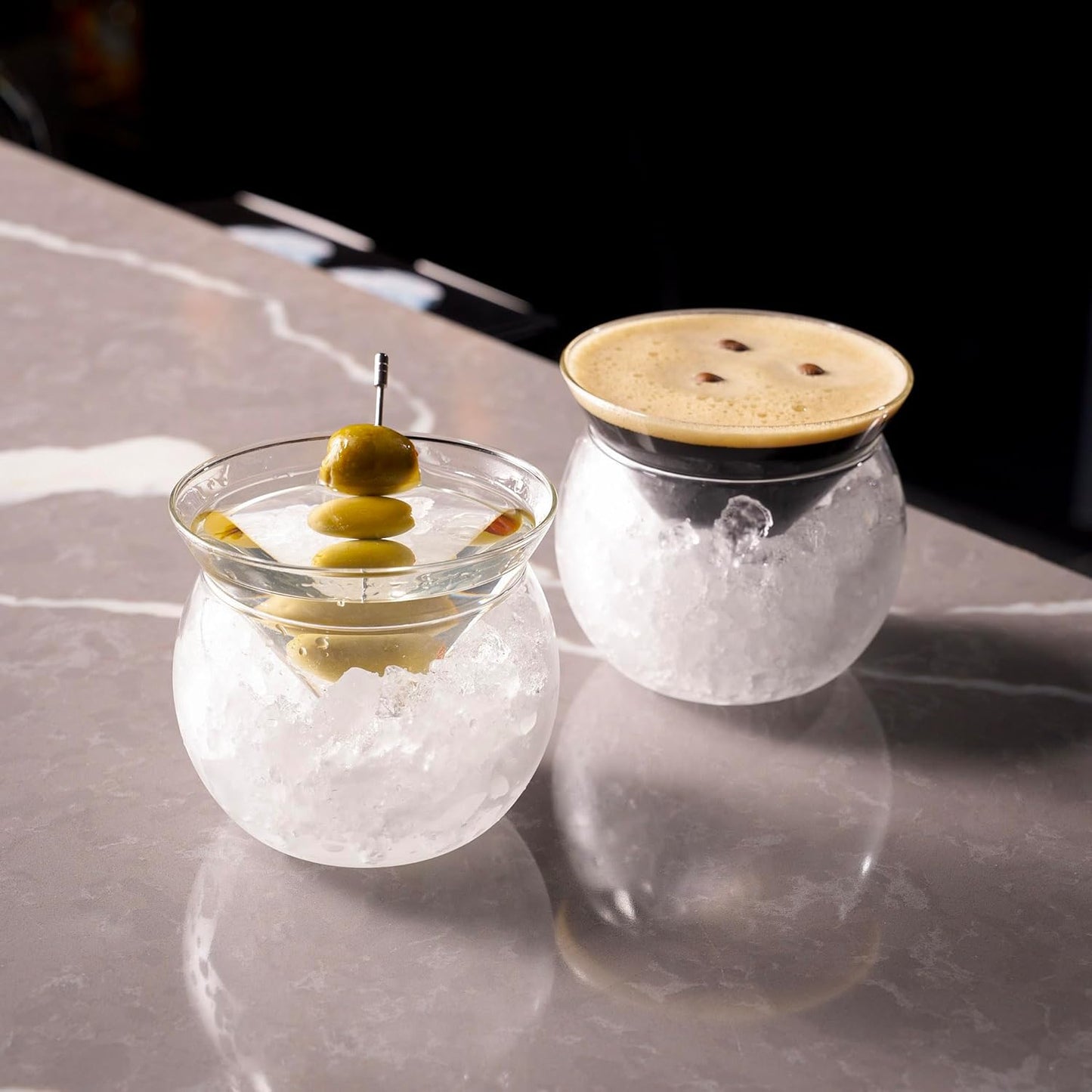 LEMONSODA Stemless Martini Glasses with Chiller - Elegant Cocktail Glass Set with Cavier Server Bowl - Beautiful Bar Martini Gift Set for Margarita, Cosmopolitan, Manhattan Cocktails (Set of 2)