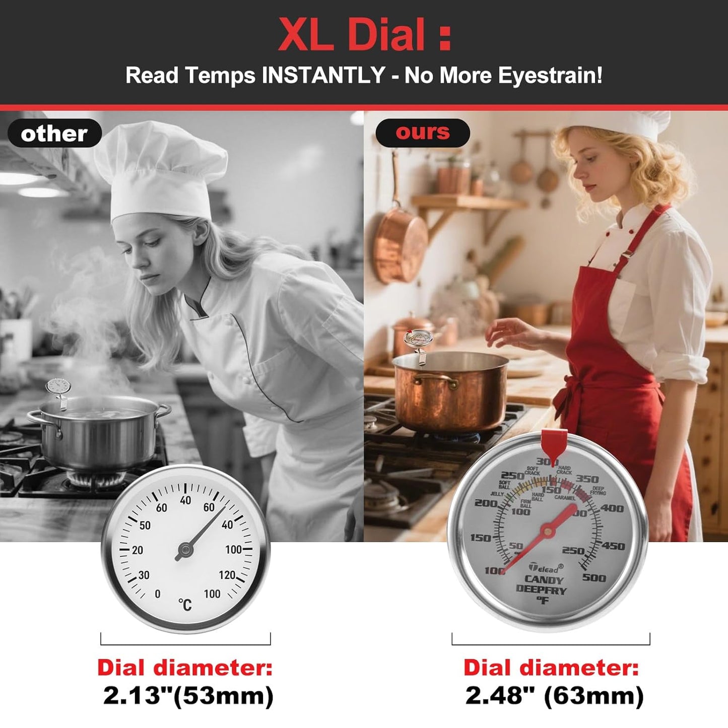 Upgraded Candy Thermometer Waterproof - Oil Thermometer for Frying with Clips - 5" Side of Pot Rainbow dial Thermometer Deep Fry for Oil Candy Candle BBQ - Silver XL