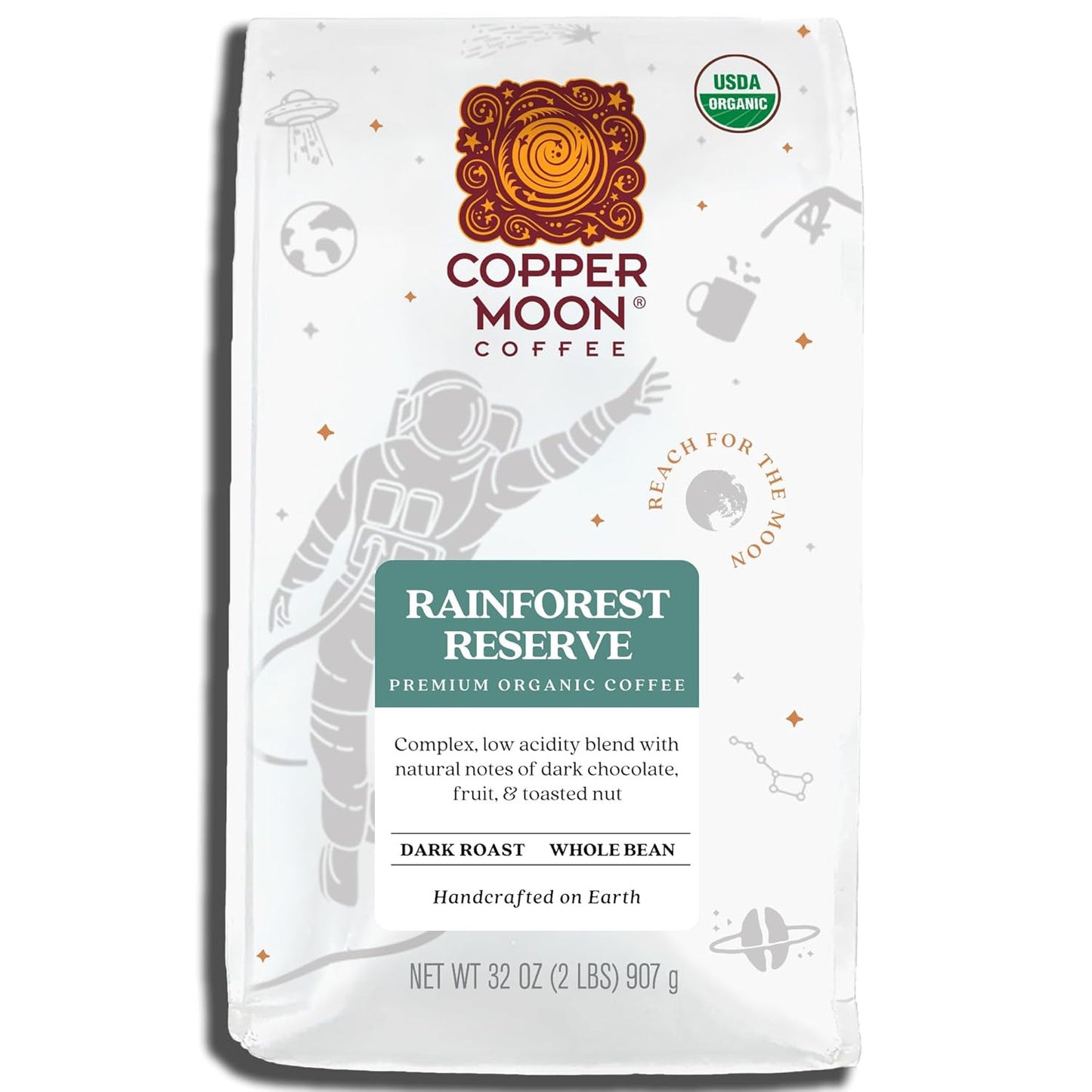 Copper Moon Dark Roast Whole Bean Coffee, Rainforest Reserve Organic Blend, 2 Lb