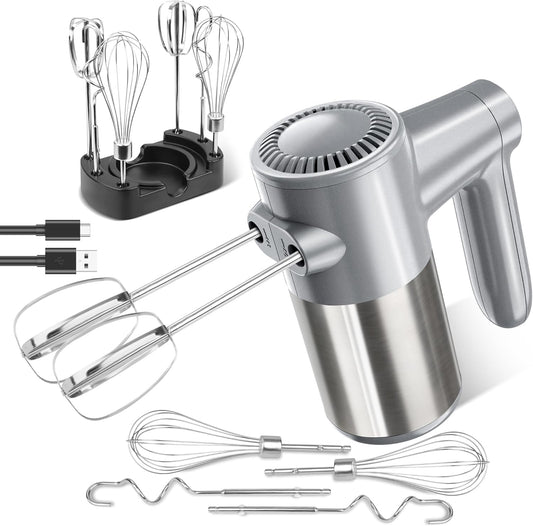 Cordless Hand Mixer, Electric Mixer Handheld Digital Display 7 Speed Rechargeable with 6 Stainless Steel Attachments Whisks Beaters Dough Hooks & Storage Base, Blender for Baking, Eggs, Silver