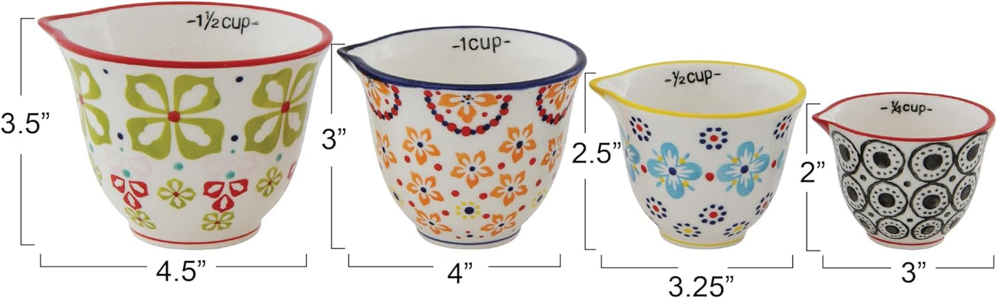 Creative Co-Op Floral Hand Stamped Stoneware Measuring Cups (Set of 4 Sizes/Designs)