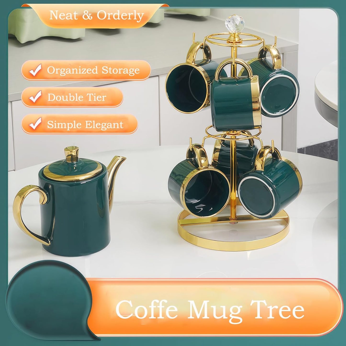 Coffee Mug Tree Holder for Counter,Double Tier Mug TeaCup Metal Holders Countertop,Golden Coffee Mug Tea Cup Stand Rack for Counter Top 6 Hooks(Gold,Crystal Ball)