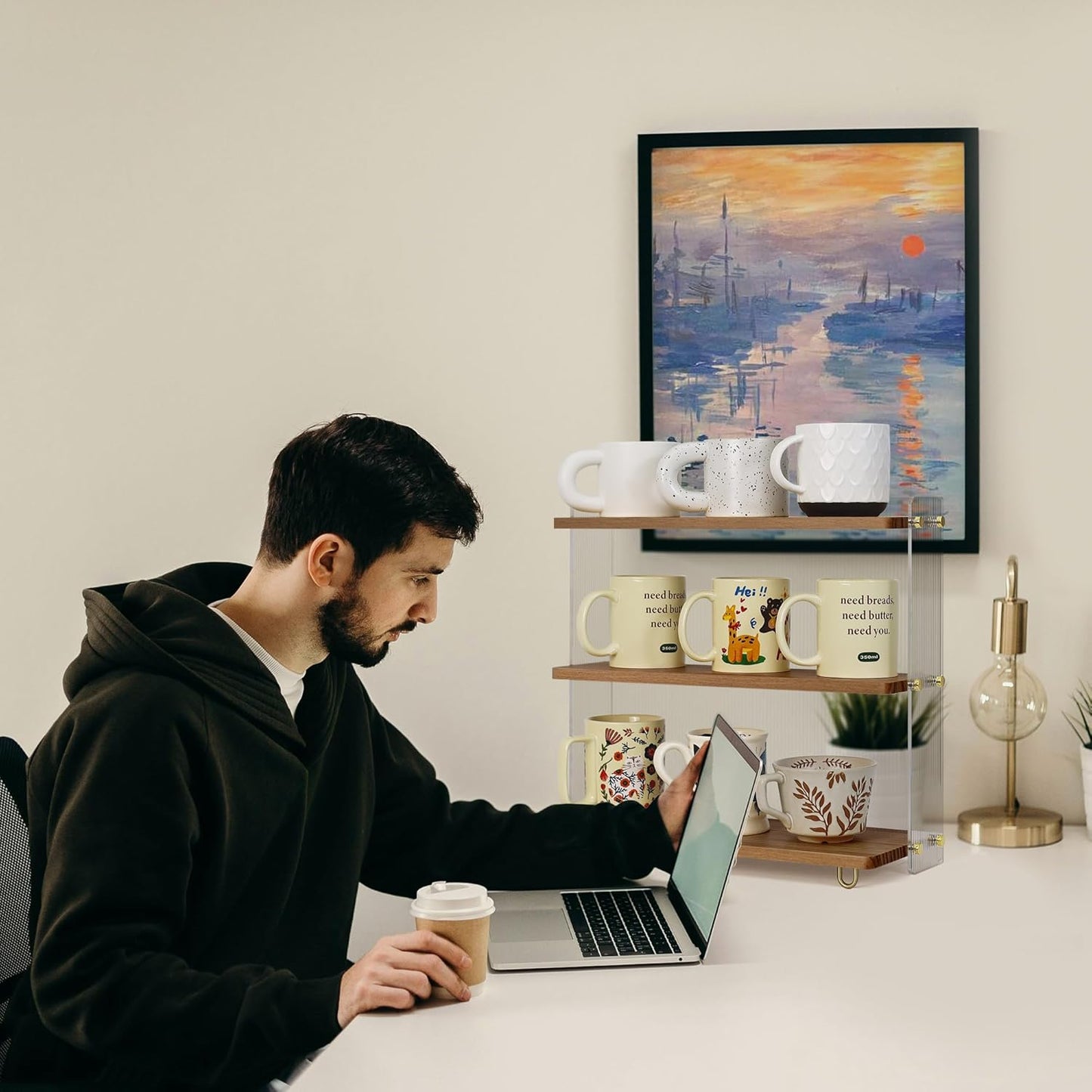 Coffee Mug Holder Wooden Cup Station Organizer 3 Tier Cup Holder for Coffee Bar Mug Display Rack for Countertop Mug Holder Shelf for Home Kitchen Walnut Wood