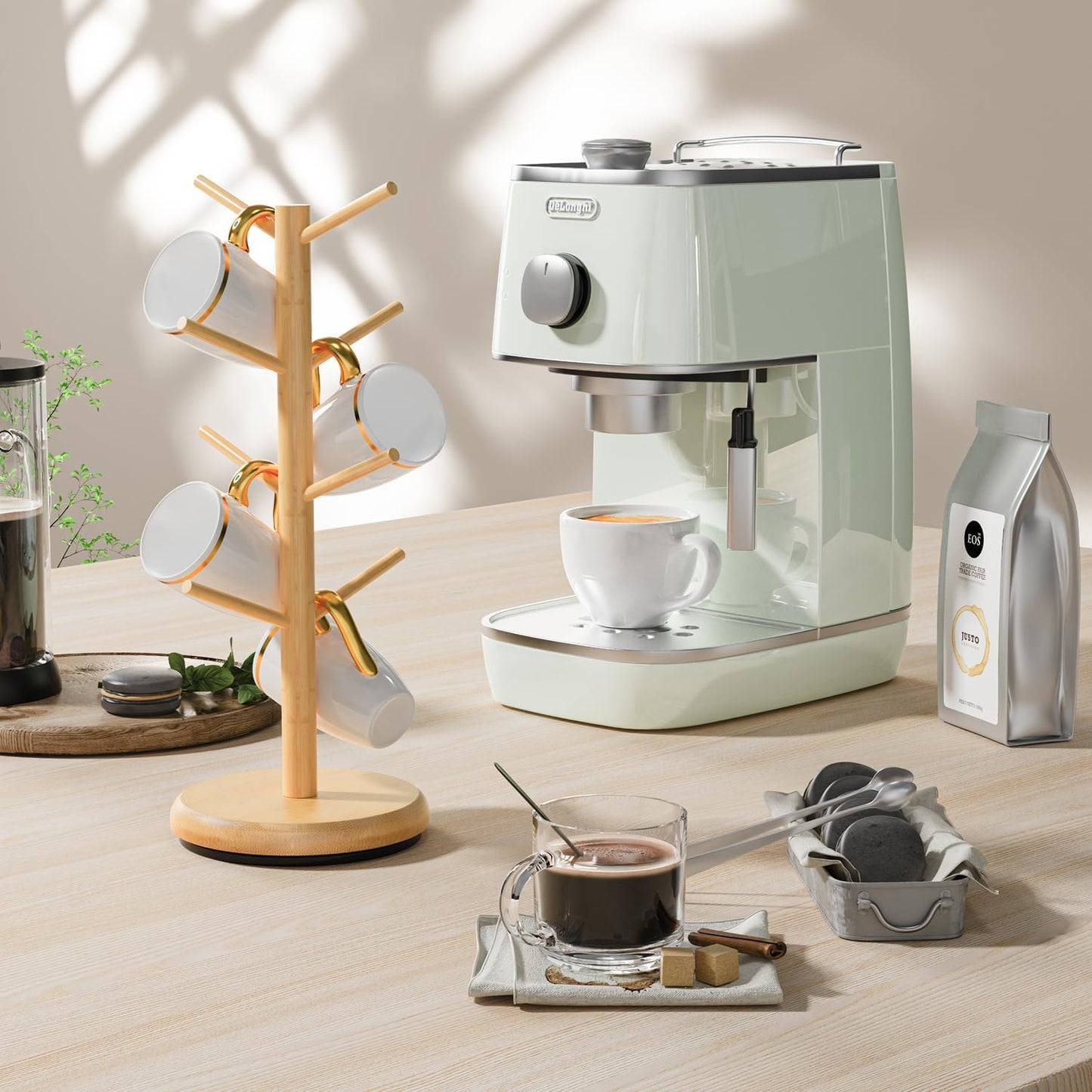 BAMBANG Mug Holder Tree, 360° Rotating 8 Hooks Coffee Cup Holder for Counter Top, Bamboo Coffee Mug Rack Stand for Kitchen Countertop Home, Natural