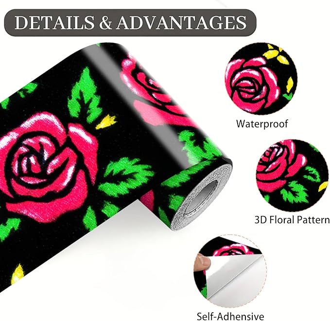 Red Rose Wall Border 196x4 Inch Peel and Stick Floral Wallpaper Border Black - Image 8
