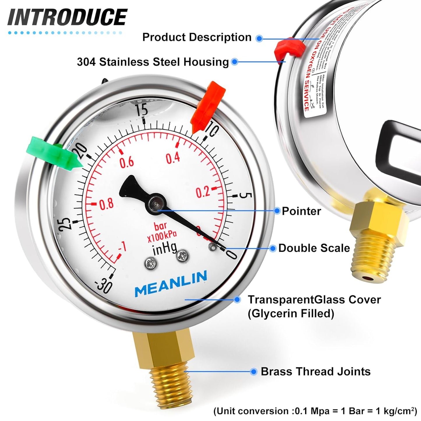 MEANLIN MEASURE -30inHG~0Psi Vacuum Pressure Gauge 1/8" NPT 2.5" FACE DIAL, Stainless Steel Liquid Filled Pressure Gauge WOG Water Oil Air Lower Mount (with 2PCS Snaps)
